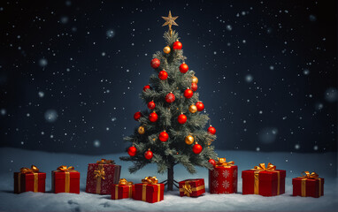 Obraz premium Christmas tree with gifts and falling snowflakes against dark blue background