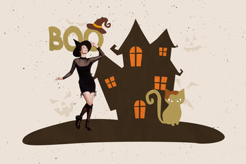 Composite artwork 3D sketch collage of happy halloween poster spooky season party house moon young...