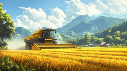 Obraz premium Efficient rice harvesting using a modern combine harvester in a thriving rice field. Great for sustainable farming, mechanized agriculture, and crop production themes. 