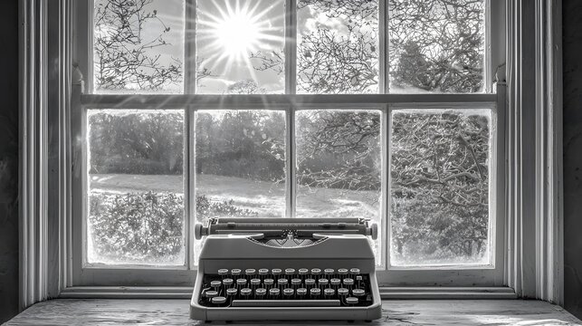 Monochrome Nostalgia: A black-and-white photo capturing the elegance of a typewriter against a sunlit window. 
