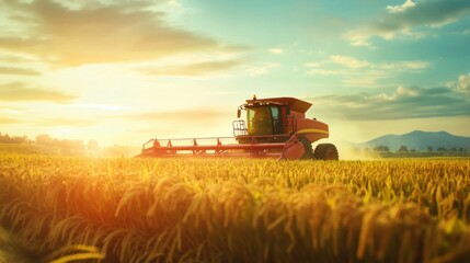 Fototapeta premium Efficient rice harvesting using a modern combine harvester in a thriving rice field. Great for sustainable farming, mechanized agriculture, and crop production themes. 