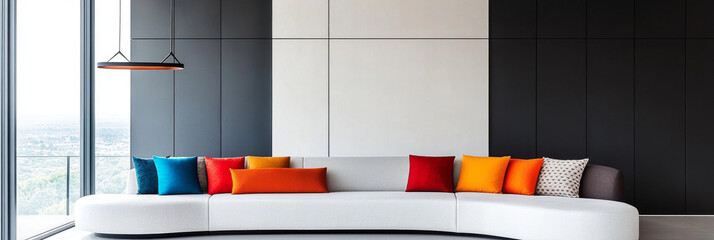 Modern white sofa with colorful pillows in a minimalist living room.