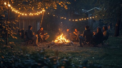 Friends gathered in a backyard, enjoying a bonfire and sharing stories as the new year approaches.