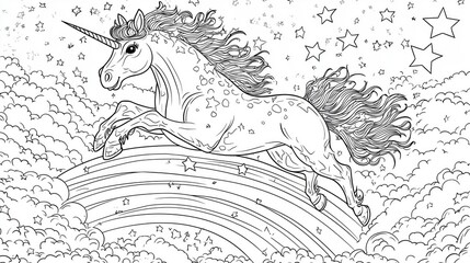 A coloring page of Magical Unicorn Flying Over Rainbow with Stars