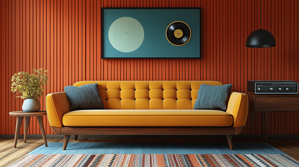 A vibrant retro-inspired living room with a bright yellow sofa, mid-century decor, and orange walls, creating a playful and stylish look.