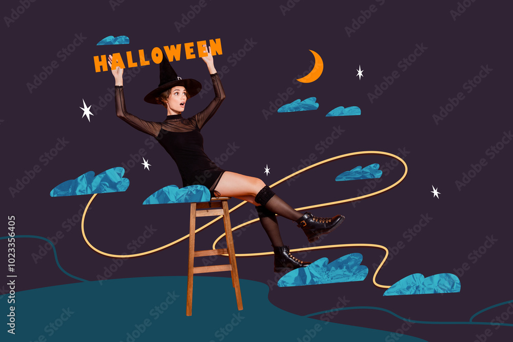 Wall mural Composite trend artwork collage of happy halloween poster night sky cloud spooky season party young lady witch sit chair hand hold banner