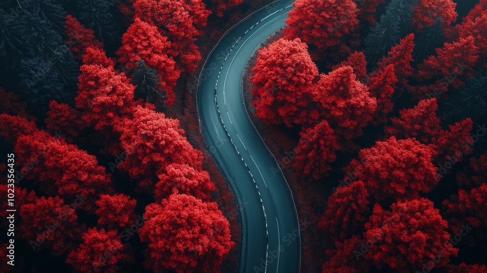 Poster a road with red trees in the background