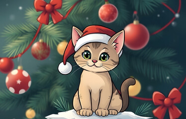 Kitten in Santa hat on the background of Christmas tree. Cartoon illustration. Festive mood of New Year and Christmas. Winter holiday concept with cat.