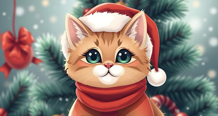 Obraz premium Kitten in Santa hat on the background of Christmas tree. Cartoon illustration. Festive mood of New Year and Christmas. Winter holiday concept with cat.