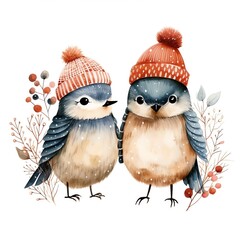 Fototapeta premium Adorable birds wearing winter hats surrounded by nature, perfect for festive and seasonal themes in illustrations or decor.