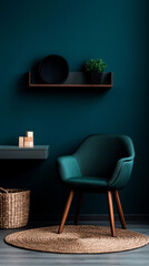 Teal armchair in a modern living room with a wooden shelf and a jute rug.