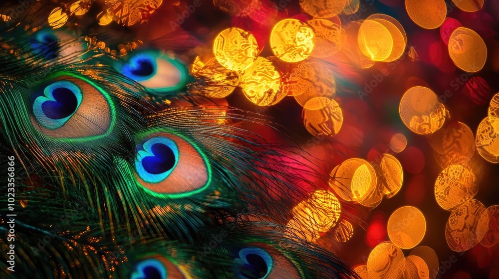 Poster a vibrant close-up of peacock feathers adorned with bright bokeh lights, showcasing intricate patter