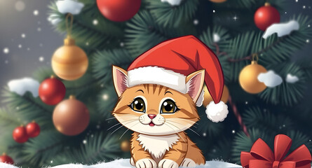 Obraz premium Kitten in Santa hat on the background of Christmas tree. Cartoon illustration. Festive mood of New Year and Christmas. Winter holiday concept with cat.