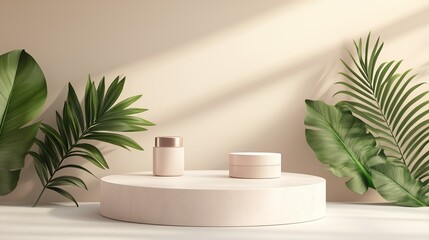 Elegant display of skincare products on a minimalist pedestal surrounded by lush green leaves in soft natural light