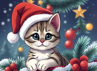 Kitten in Santa hat on the background of Christmas tree. Cartoon illustration. Festive mood of New Year and Christmas. Winter holiday concept with cat.
