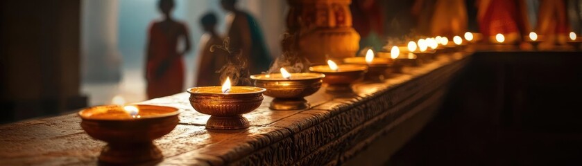 Illuminating oil lamps casting warm light in a serene setting, enhancing the spiritual atmosphere of the celebration.