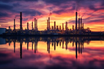 Obraz premium A stunning industrial skyline silhouetted against a vibrant sunset. Smoke stacks rise high. A reflection on calm waters creates a serene atmosphere. Generative AI.