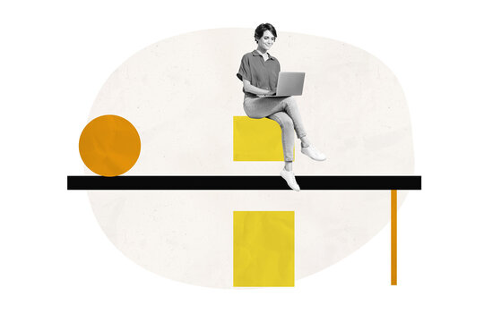 Composite trend artwork sketch image collage of element escape geometry hurdle small young lady sit cube platform type work laptop remote