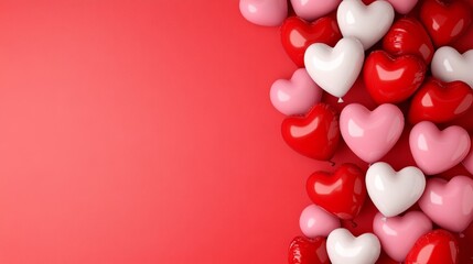 Red and pink Valentine's day background with heart-shaped balloons floating, and a wide empty space for romantic messages in the center 
