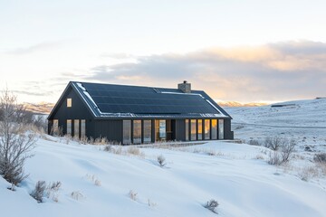 Modern black house with solar panels on snowy hill.