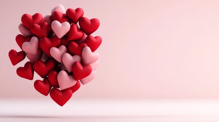 Romantic background with floating red and pink hearts on a soft pastel gradient, with a large empty space in the center for text 