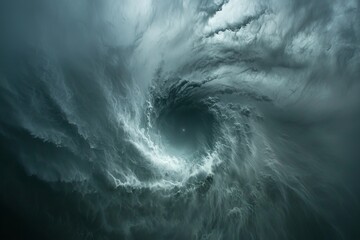 Dark, swirling clouds create a dramatic vortex in the sky.