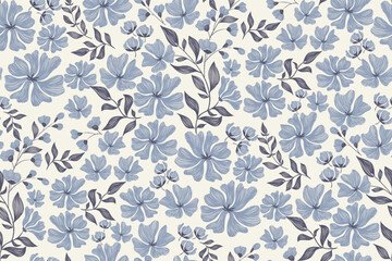 Blue floral pattern minimal Aster flowers seamless wallpaper background border vintage design Europe tapestry motifs style. Embroidery ikat textured vector illustration hand drawn. © Wita Pixs
