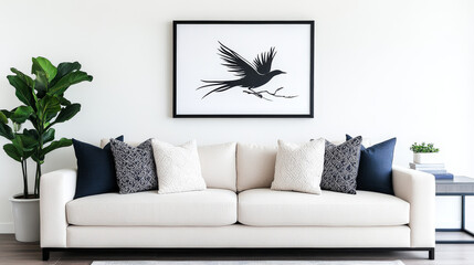 A white couch with blue and white patterned throw pillows in a modern living room.
