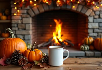 Cozy autumn. fall decor, hot drink, pumpkin, autumn leaves, pinecones, wooden table, fireplace, living room, thanksgiving, halloween