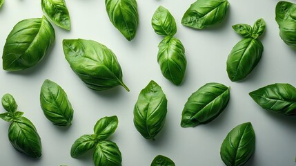 Fototapeta premium fresh green basil leaves arranged artistically on a pure white background highlighting their vibrant color and texture for a clean and modern aesthetic
