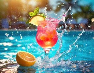 Refreshing summer cocktail in swimming pool with splashes of water in the mid of the day at hotel resort