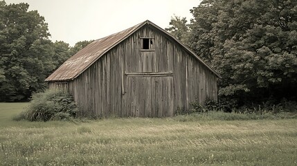 Vintage film photography of a rustic barn in the countryside, the worn wood and overgrown grass...