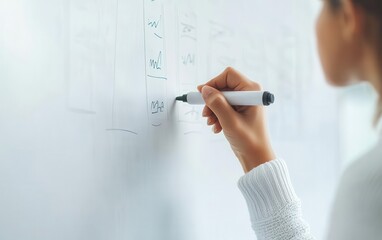A consultant s hand gripping a marker while drawing on a whiteboard, presenting ideas during a consultation, whiteboard drawing, strategy brainstorming