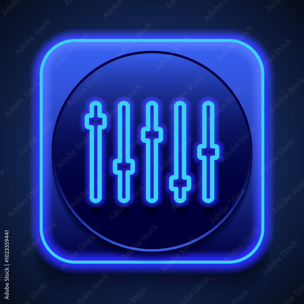 Poster equalizer slider simple icon. flat design. blue neon style on button. with shadow