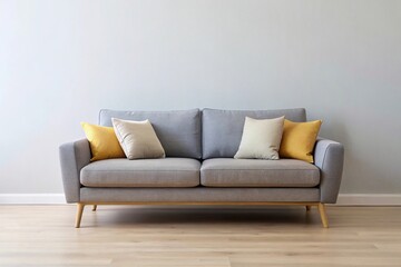 Gray fabric sofa, yellow and white pillows against wall