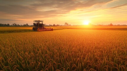Fototapeta premium Modern rice harvester working in a golden rice field during sunset. Ideal for agriculture, farming technology, and rural life themes.