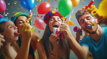 Friends wearing colorful hats and blowing noisemakers, excitedly waiting for the countdown to begin.