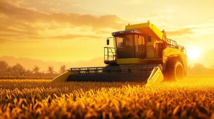 Obraz premium Modern rice harvester working in a golden rice field during sunset. Ideal for agriculture, farming technology, and rural life themes.