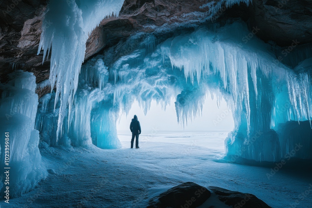 Poster a man stands in an ice cave surrounded by intricate blue and white icicles, with a lake visible thro