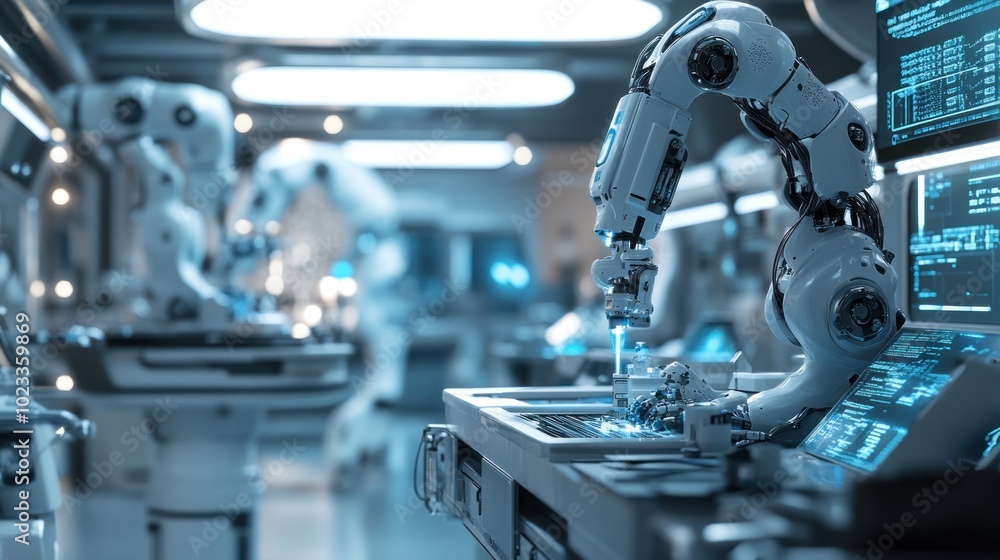 Poster a futuristic laboratory featuring robotic arms engaged in precise tasks and data analysis.