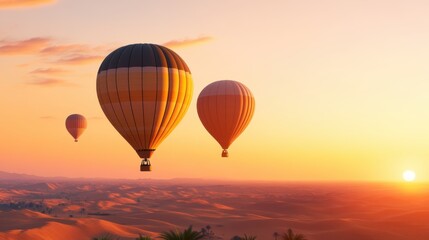 Fototapeta premium Colorful hot air balloons soaring in a sunset sky over tranquil landscapes. Travel and holiday.