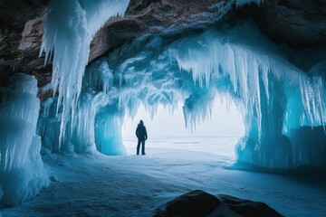 A man stands in an ice cave surrounded by intricate blue and white icicles, with a lake visible through one of the large openings.