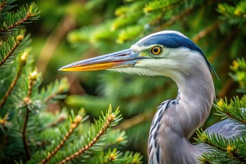 Gray heron peeping through coniferous tree branches from low angle view