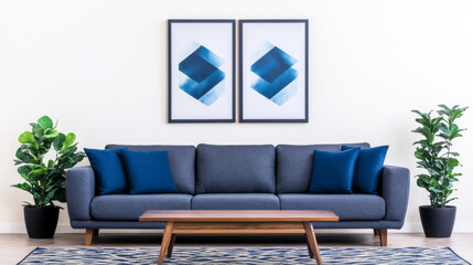 Modern living room interior with a blue sofa, wooden coffee table, and two plants.