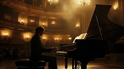 Pianist performing in a grand theater with chandeliers illuminating the elegant ambiance during a classical music concert