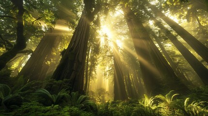 Magical Sunlit Forest Landscape with Ethereal Sunbeams in Lush Green Wilderness