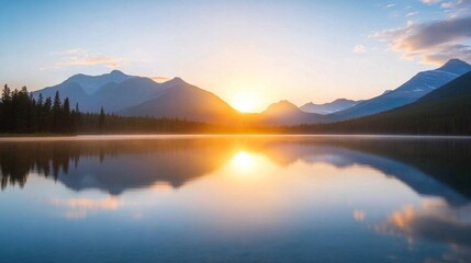 Fototapeta premium Peaceful lake reflecting the surrounding mountains during a beautiful sunrise. Ideal for outdoor adventure, travel, and nature themes. 