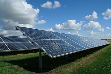 A row of solar panels in a field against a blue sky with white clouds.