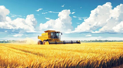 Fototapeta premium Rice farming in a traditional landscape with modern harvesting equipment. Perfect for the balance of tradition and technology in agricultural development. 