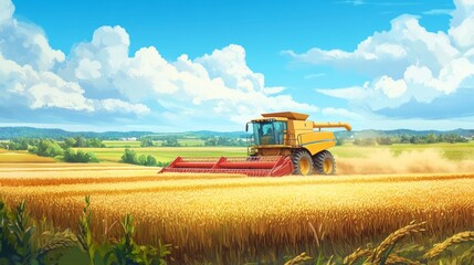 Fototapeta premium Rice farming in a traditional landscape with modern harvesting equipment. Perfect for the balance of tradition and technology in agricultural development. 